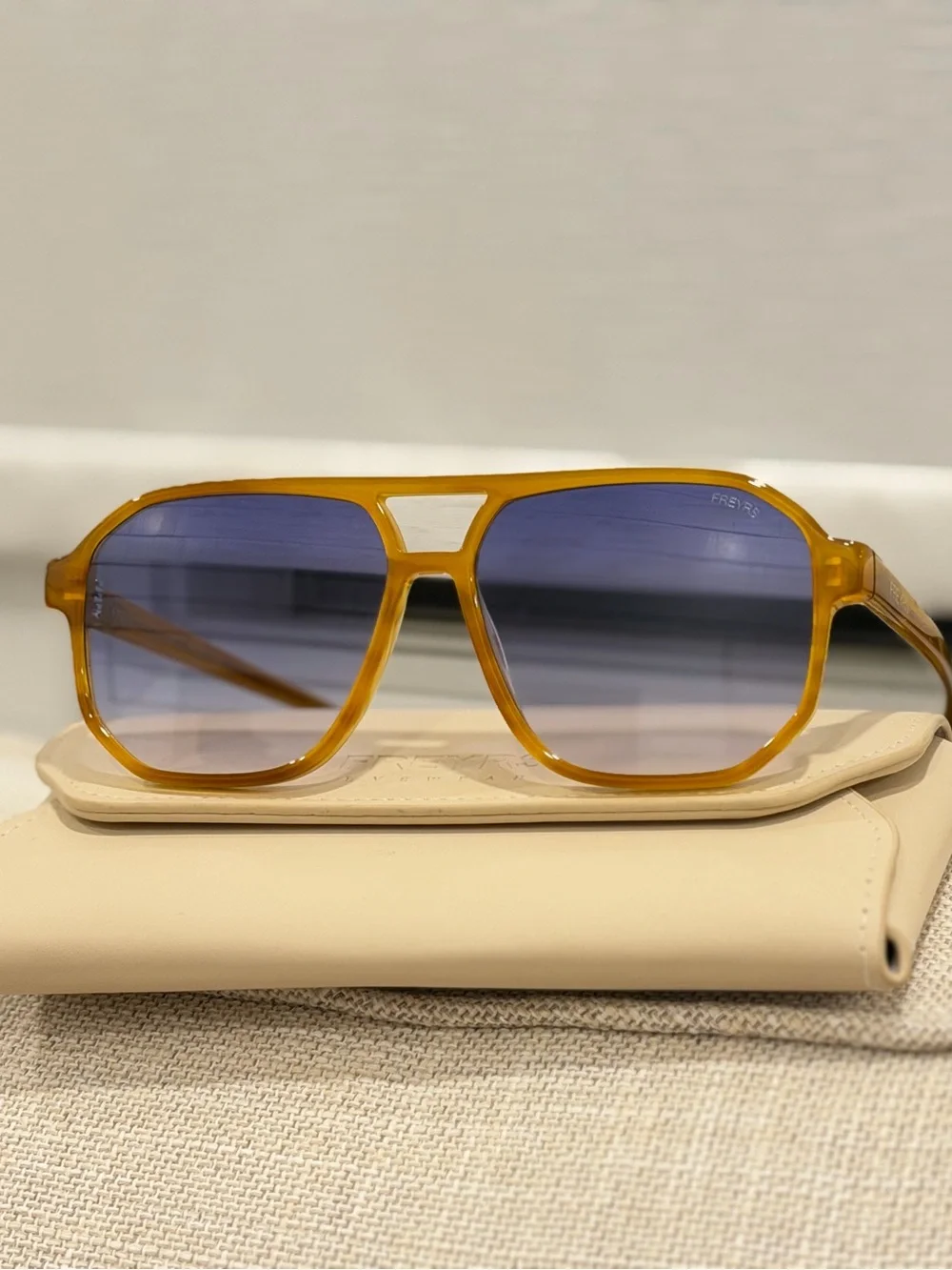 Freyrs Billie Amber Frame Sunglasses with Blue Gradient Lenses + Case